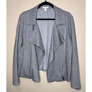 Eileen Fisher Grey Herringbone Organic Cotton Asymmetrical Zip Moto Jacket